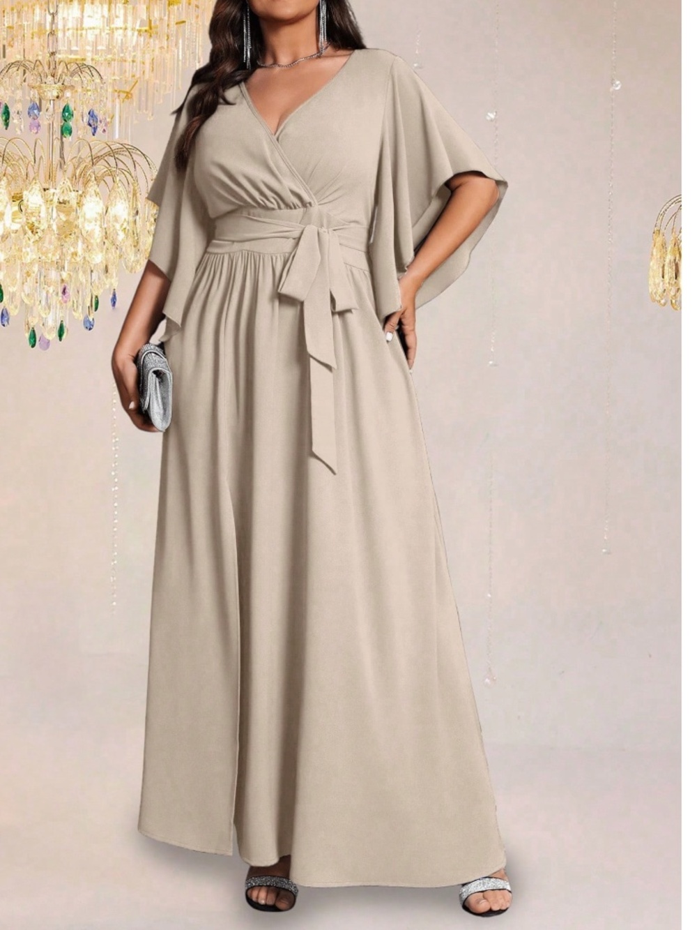  Plus Solid V neck Flounce Sleeve Belted Split Thigh Party Evening Dress - Picture 10 of 15